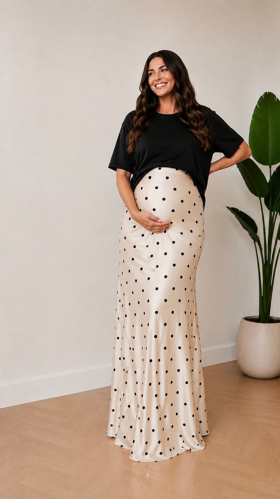 Tall Polka Dot Satin Maxi Skirt - Black Dots on Cream