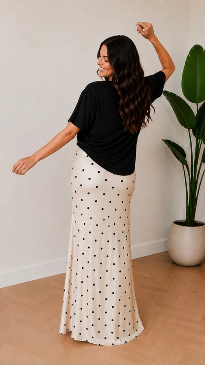 Tall Polka Dot Satin Maxi Skirt - Black Dots on Cream