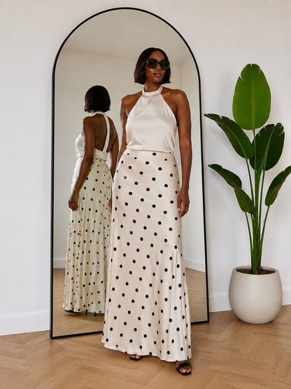 Tall Polka Dot Satin Maxi Skirt - Black Dots on Cream