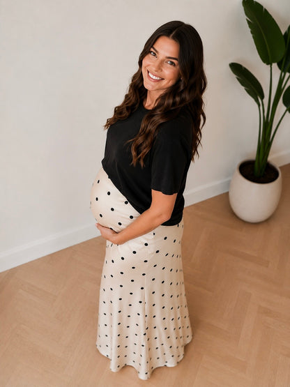 Tall Polka Dot Satin Maxi Skirt - Black Dots on Cream