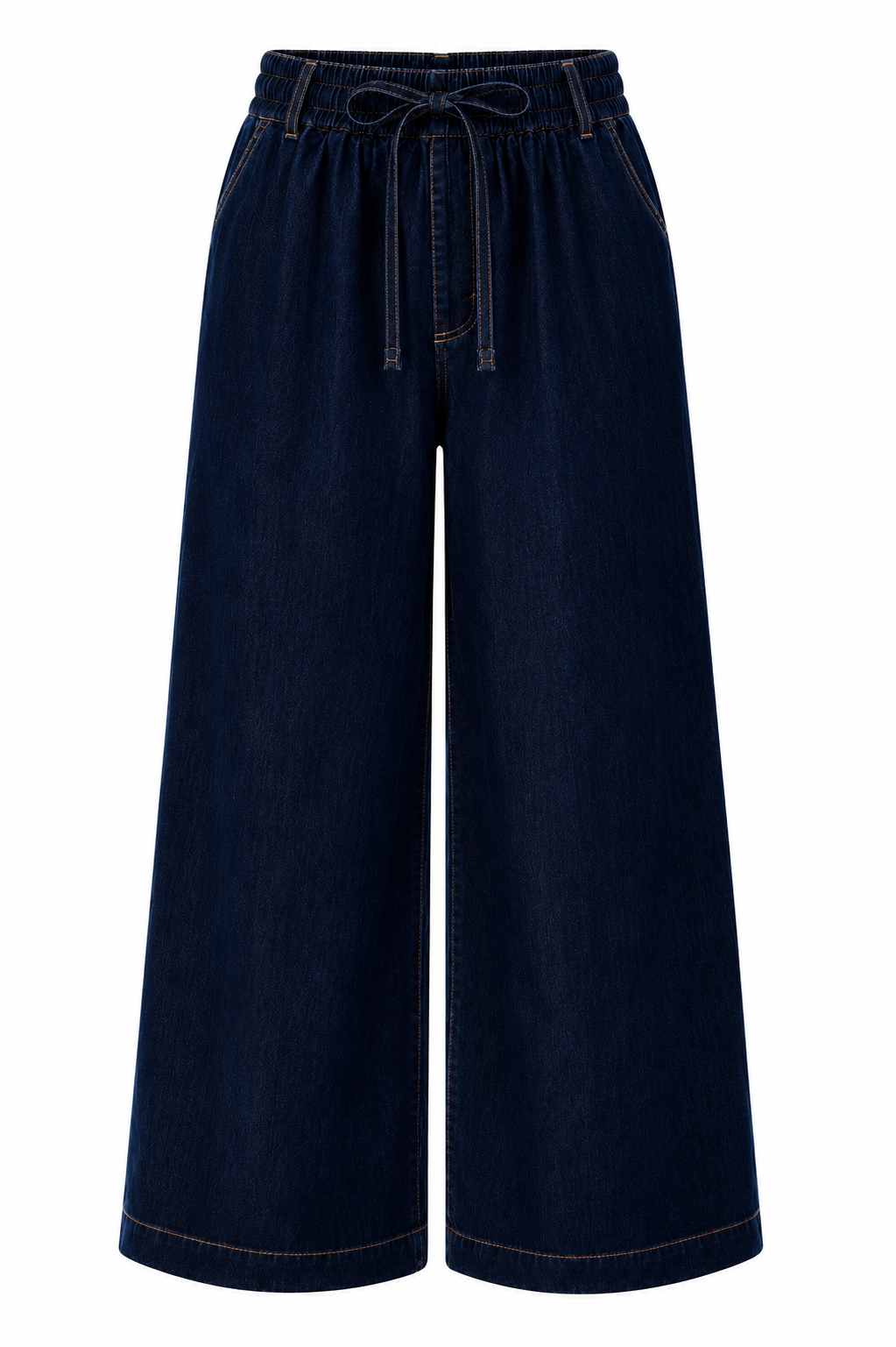 Dark blue wide-leg jeans with a drawstring waist on a white background