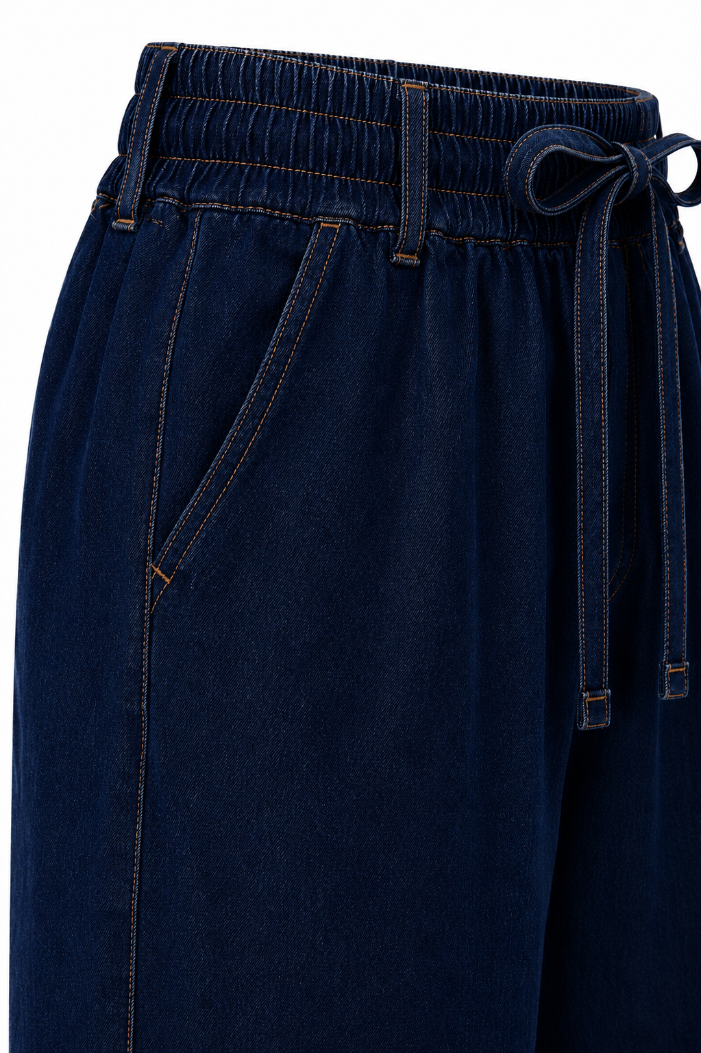 Navy blue pants with drawstring waist on a white background