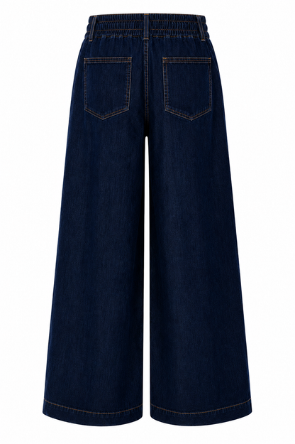 Dark blue wide-leg jeans on a white background