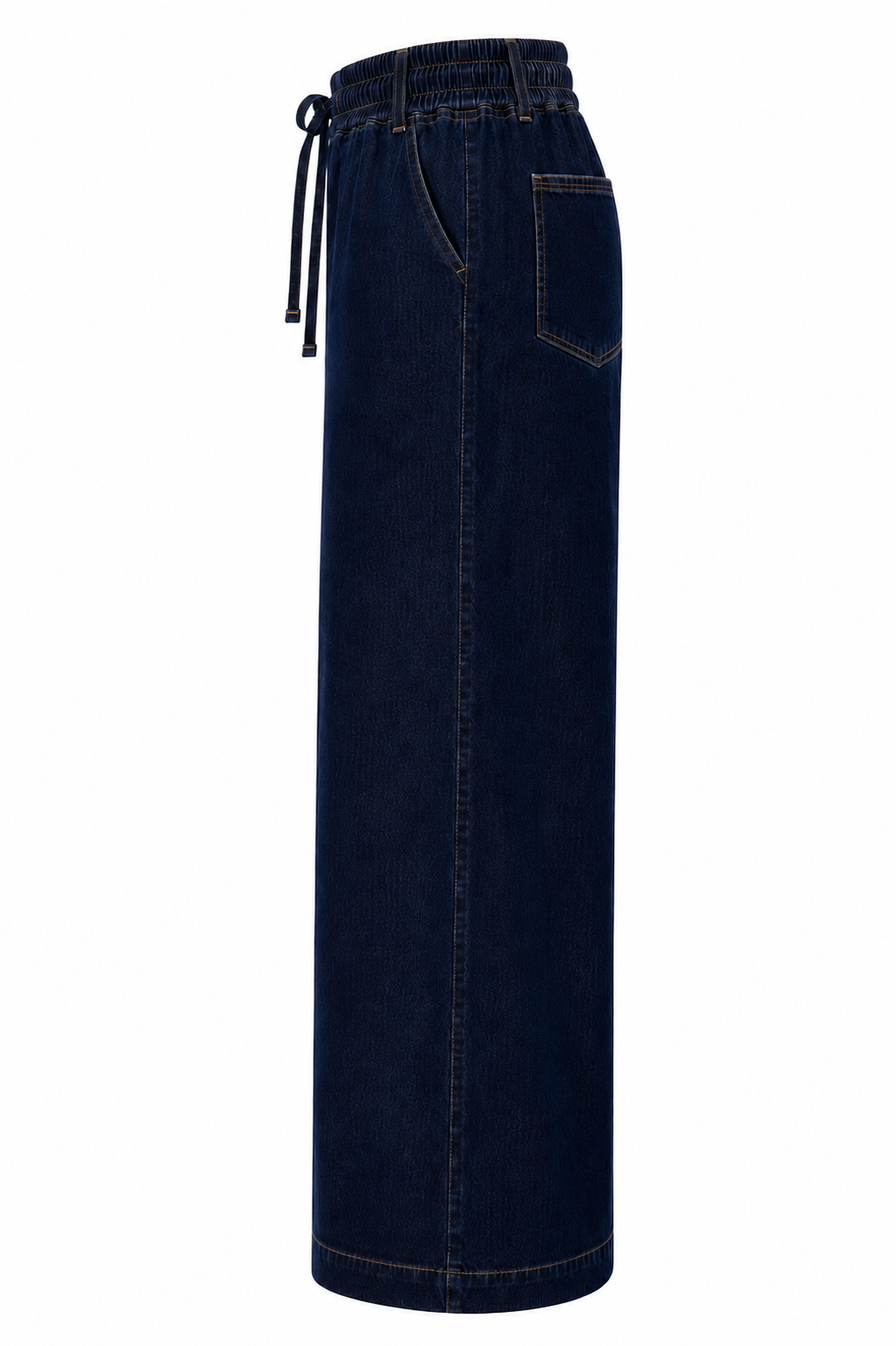 Dark blue denim skirt with a drawstring waist on a white background