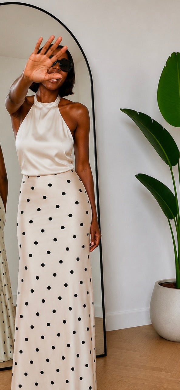 Tall Polka Dot Satin Maxi Skirt - Black Dots on Cream