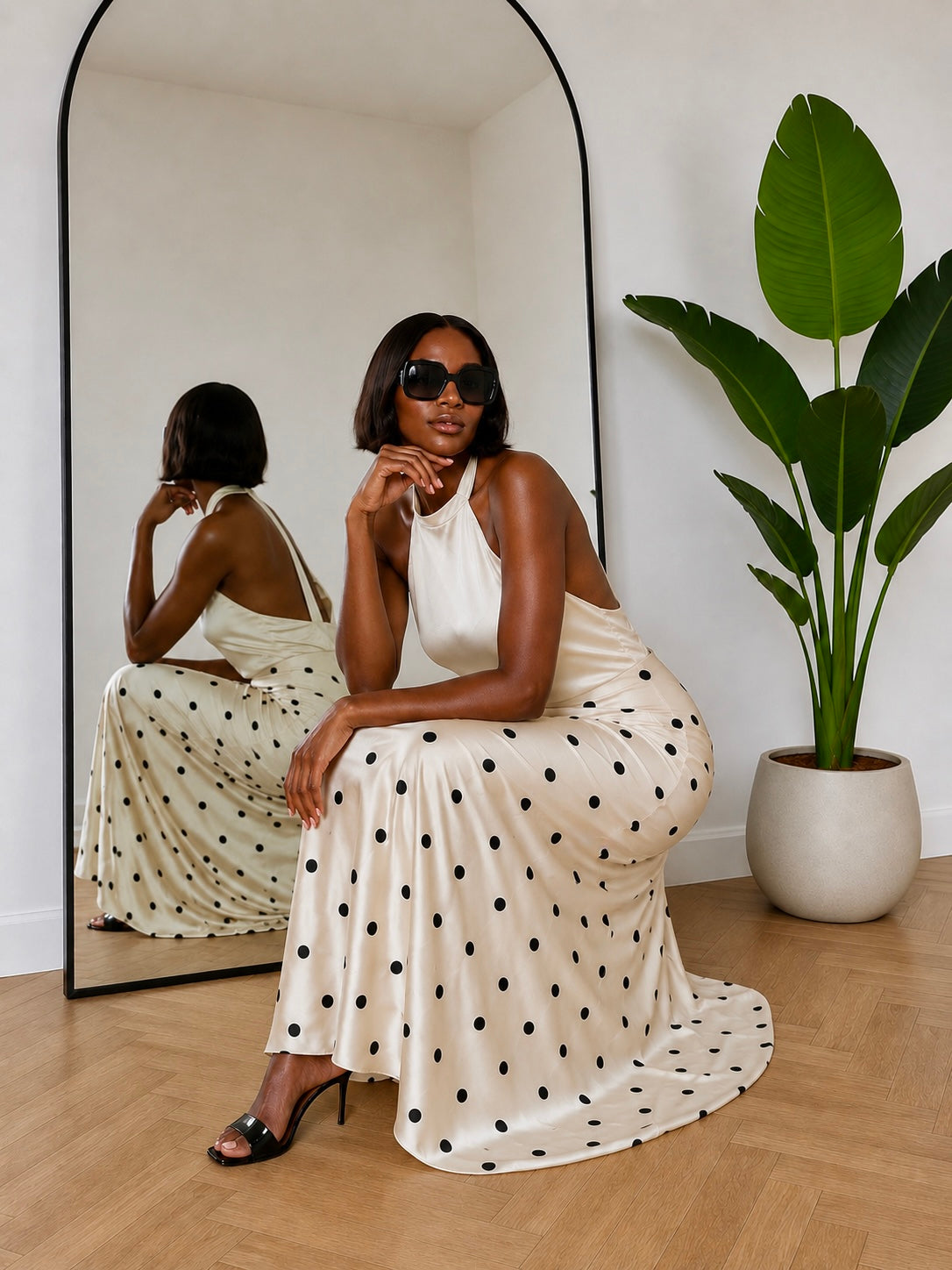 Tall Polka Dot Satin Maxi Skirt - Black Dots on Cream