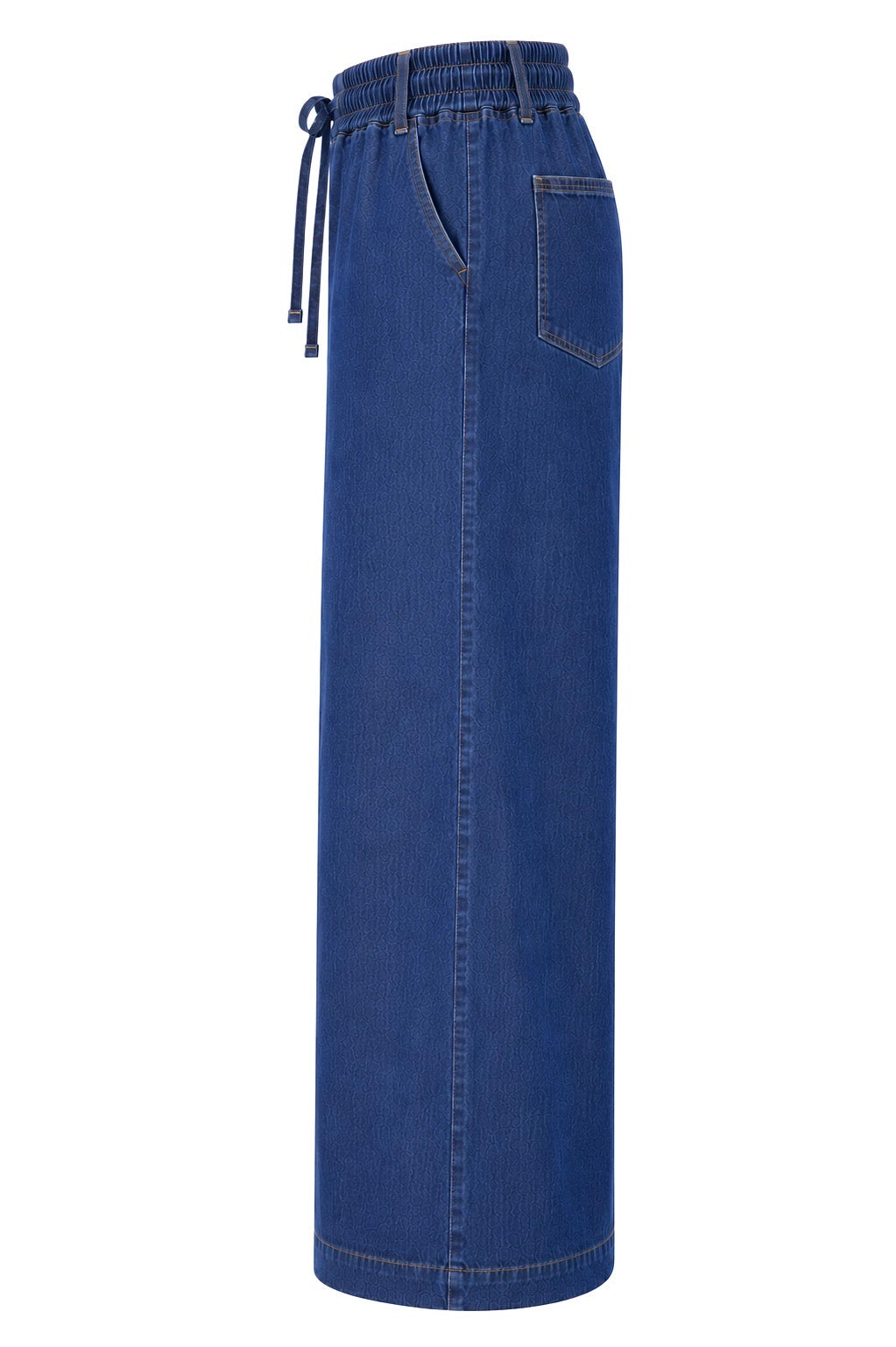 Blue denim pants with drawstring waistband on a white background

